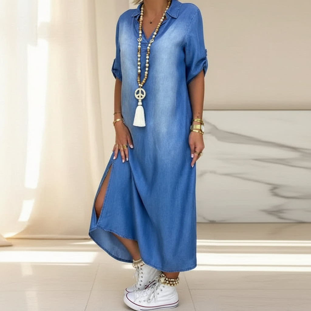 Peggy™ Long Denim-Look Dress with Side Slit