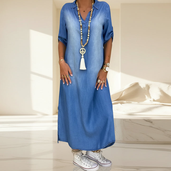 Peggy™ Long Denim-Look Dress with Side Slit