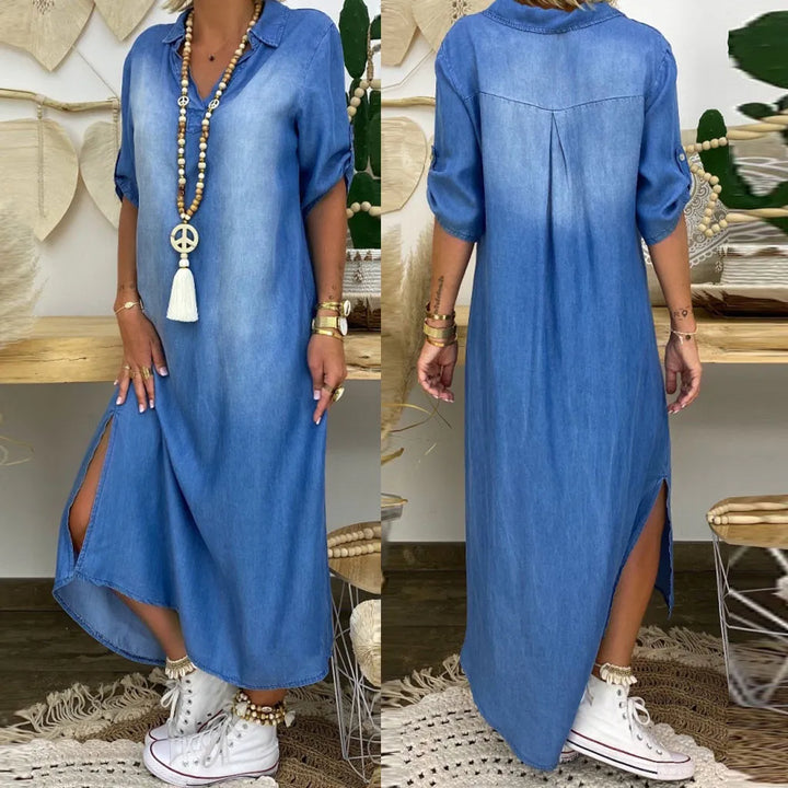 Peggy™ Long Denim-Look Dress with Side Slit