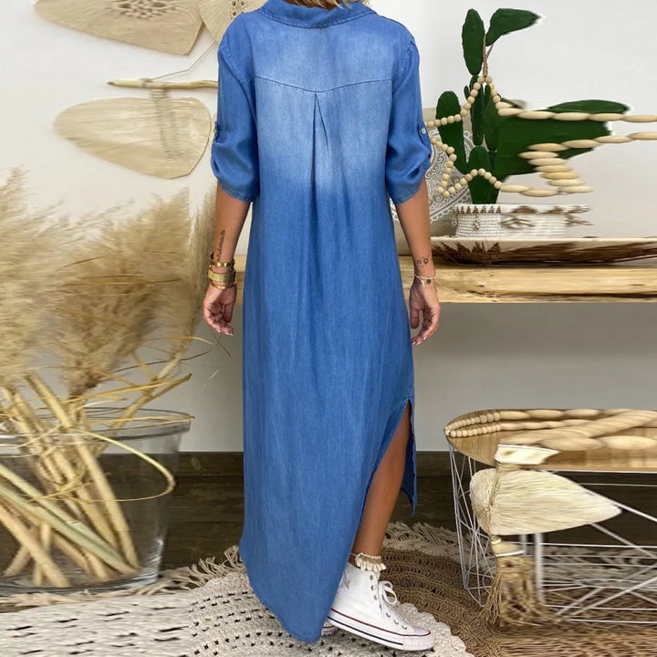 Peggy™ Long Denim-Look Dress with Side Slit