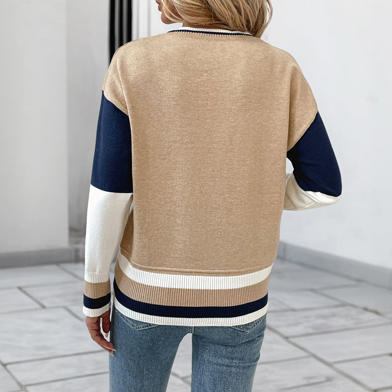 Silvia Casual Women's Round Neck Stitching Contrast Color Knitwear