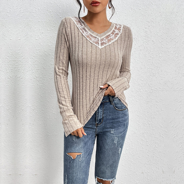 Alexa Women's Slim-fit T-shirt Lace V-neck Patchwork Texture Sunken Stripe Knitted Top