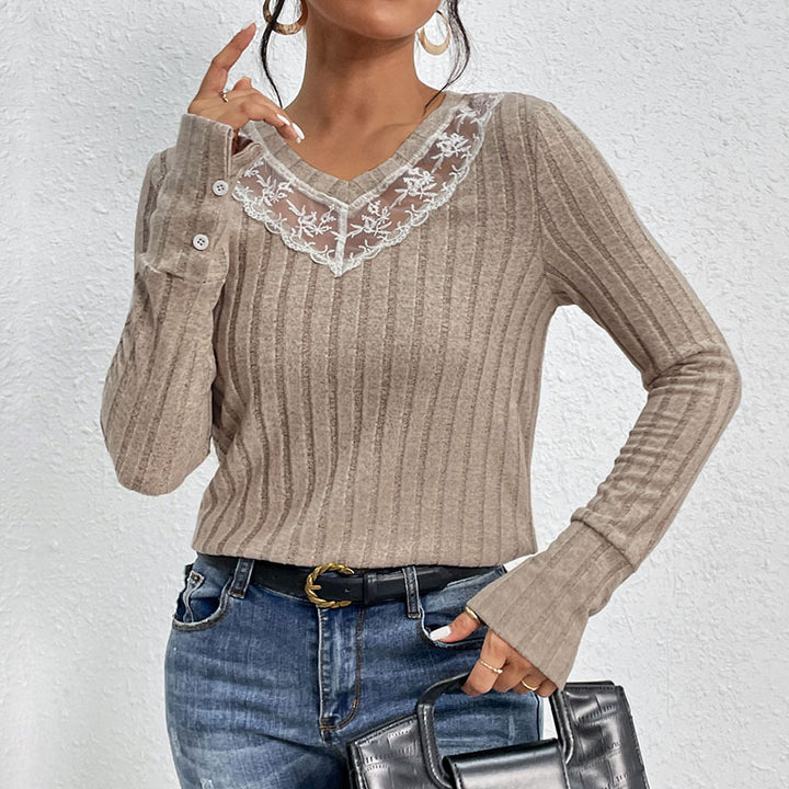 Alexa Women's Slim-fit T-shirt Lace V-neck Patchwork Texture Sunken Stripe Knitted Top