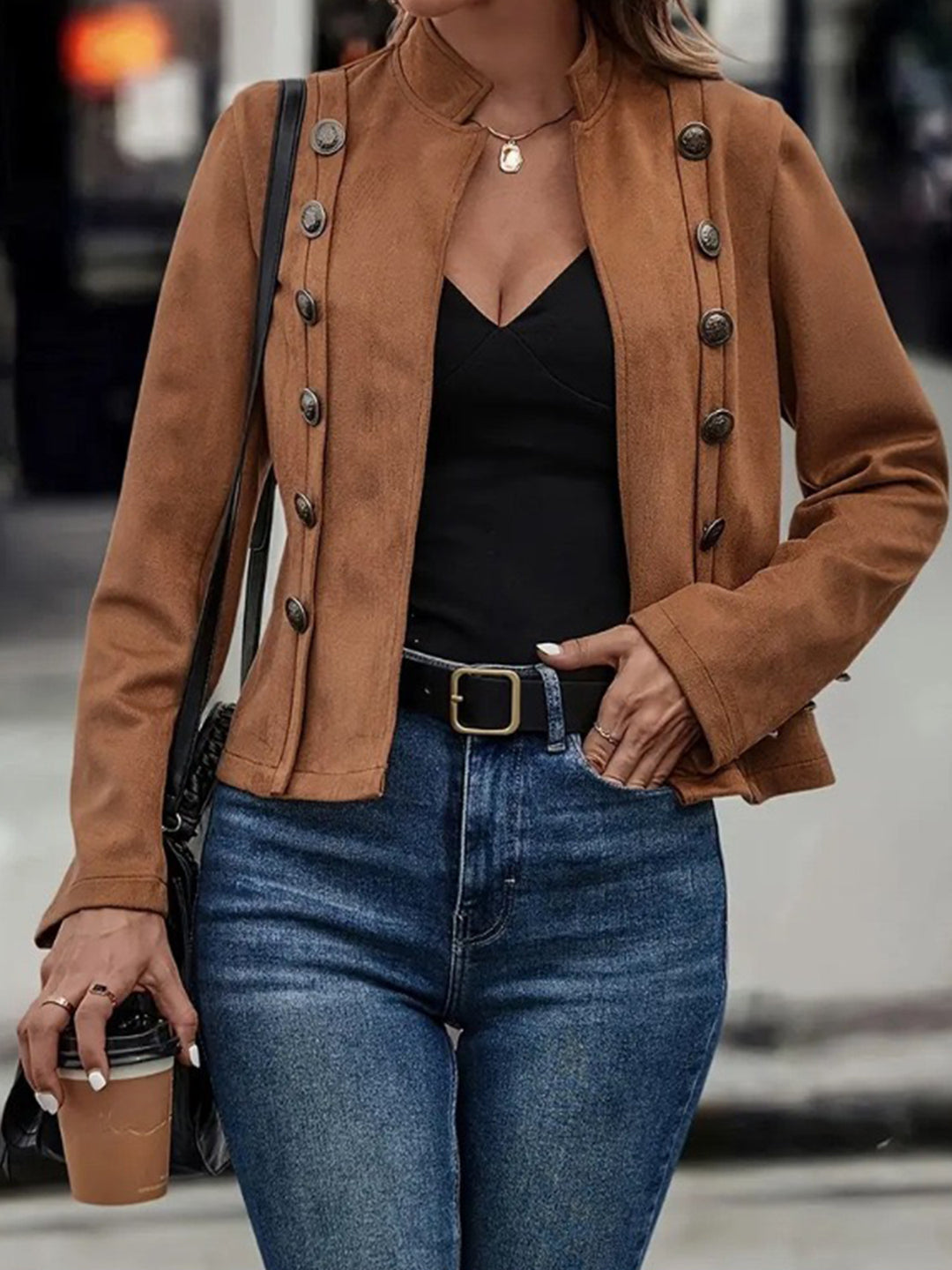 Brown Elegant Double-Breasted High Neck Jacket