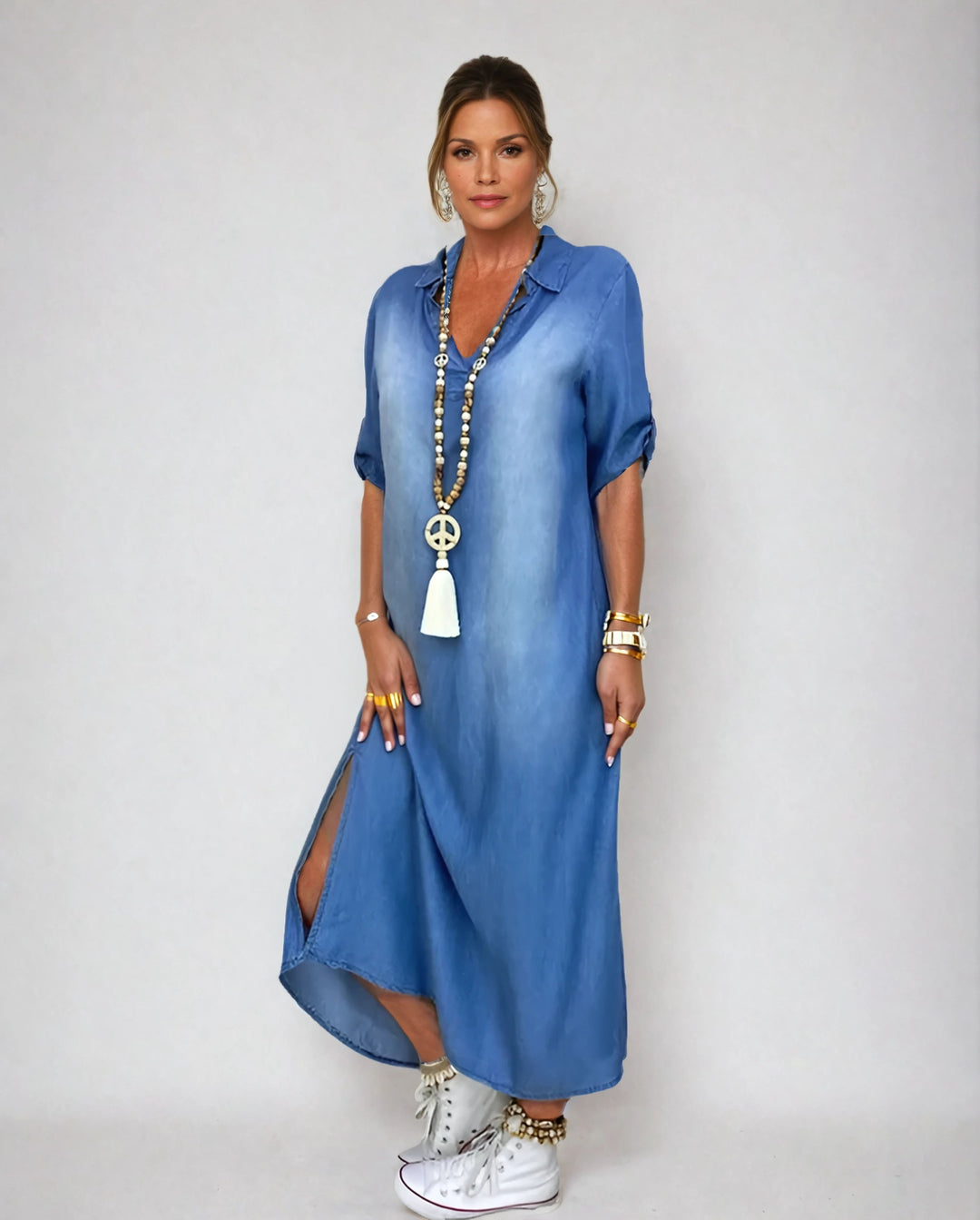 Peggy™ Long Denim-Look Dress with Side Slit