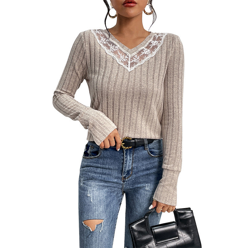 Alexa Women's Slim-fit T-shirt Lace V-neck Patchwork Texture Sunken Stripe Knitted Top