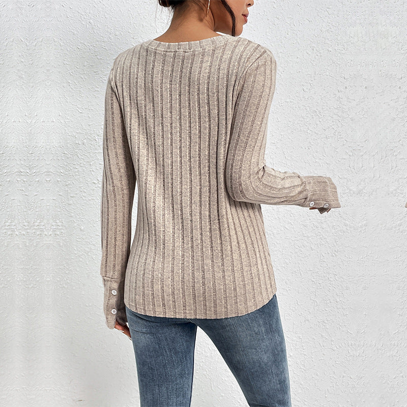 Alexa Women's Slim-fit T-shirt Lace V-neck Patchwork Texture Sunken Stripe Knitted Top