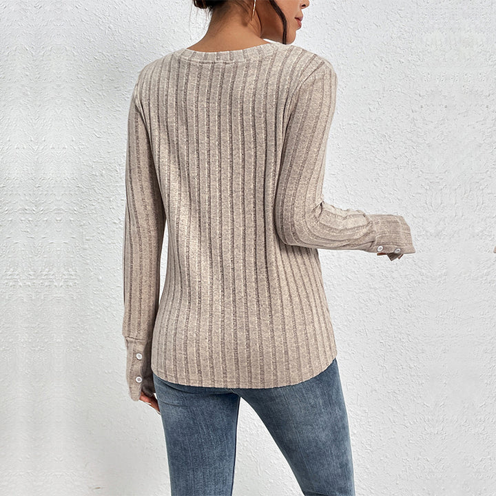 Alexa Women's Slim-fit T-shirt Lace V-neck Patchwork Texture Sunken Stripe Knitted Top