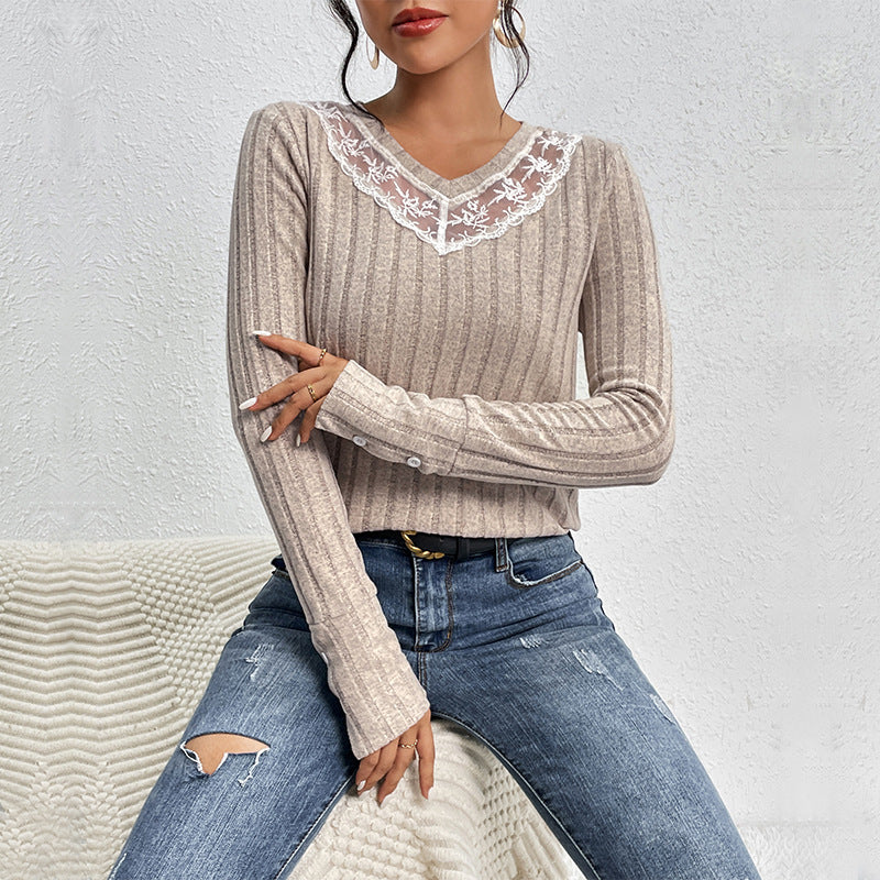 Alexa Women's Slim-fit T-shirt Lace V-neck Patchwork Texture Sunken Stripe Knitted Top