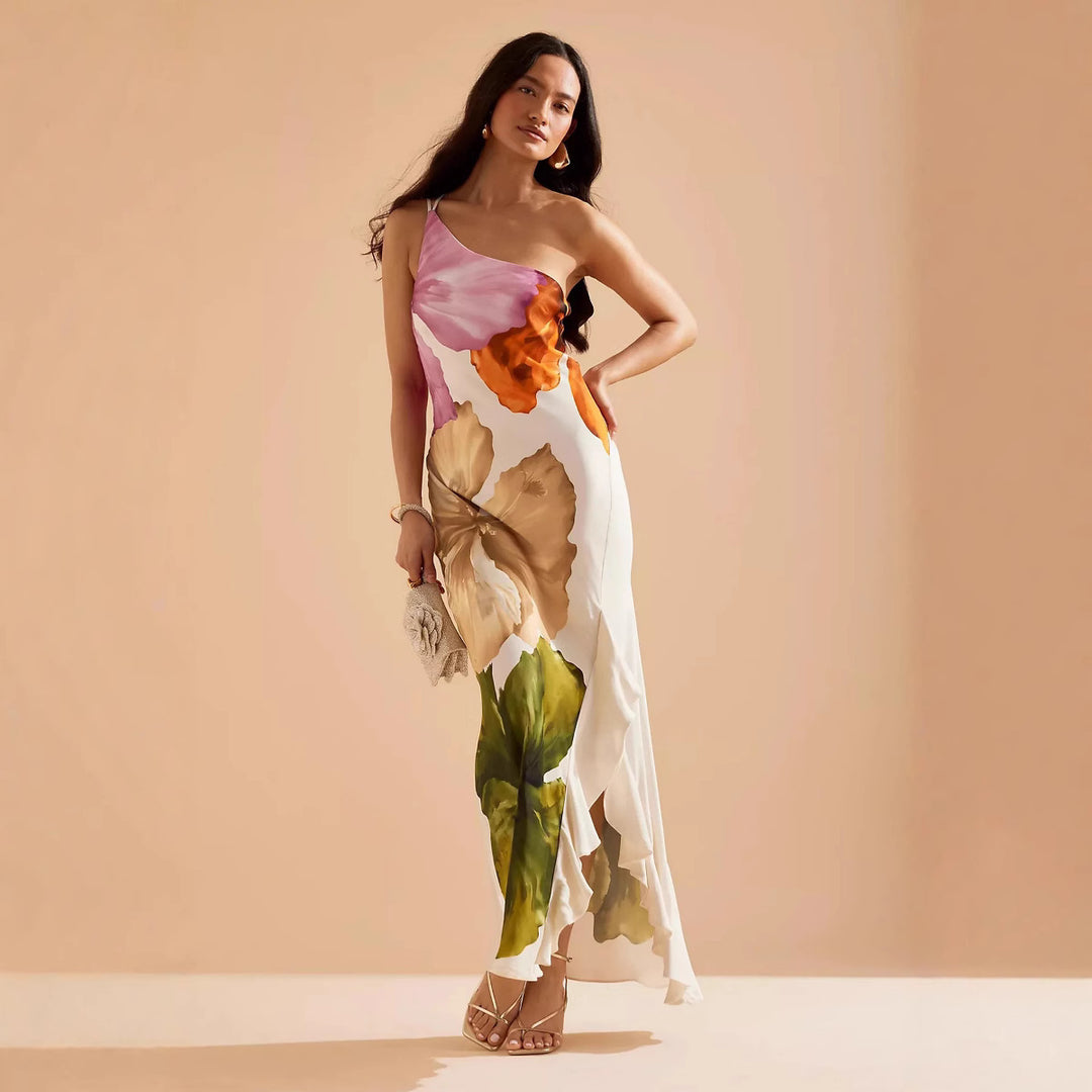 Spring And Summer New Oblique Shoulder Positioning Printing Female Dress