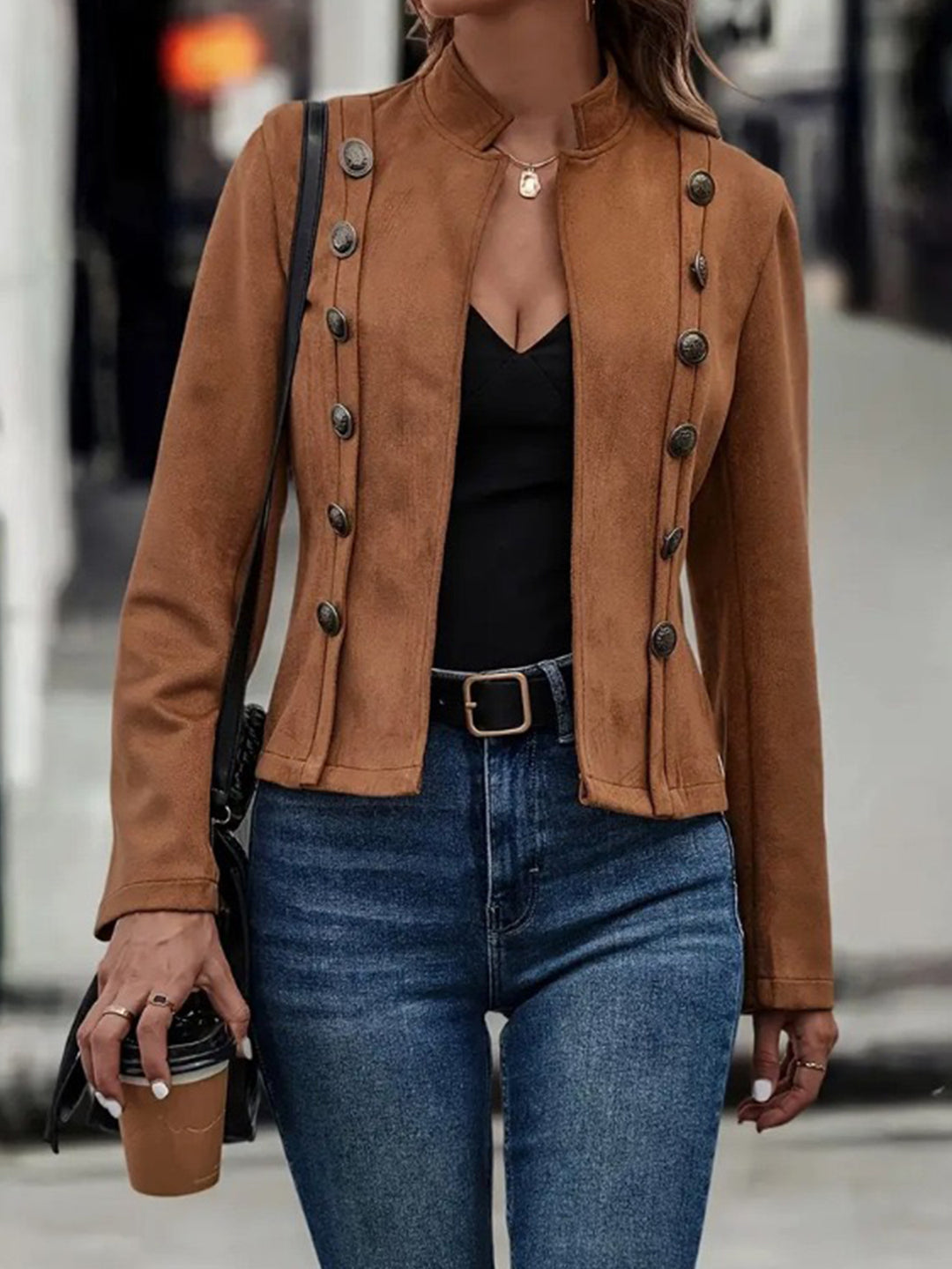 Brown Elegant Double-Breasted High Neck Jacket