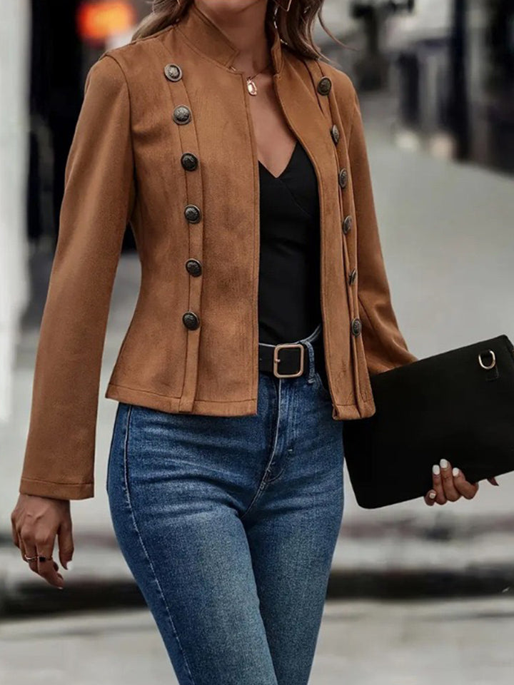 Brown Elegant Double-Breasted High Neck Jacket