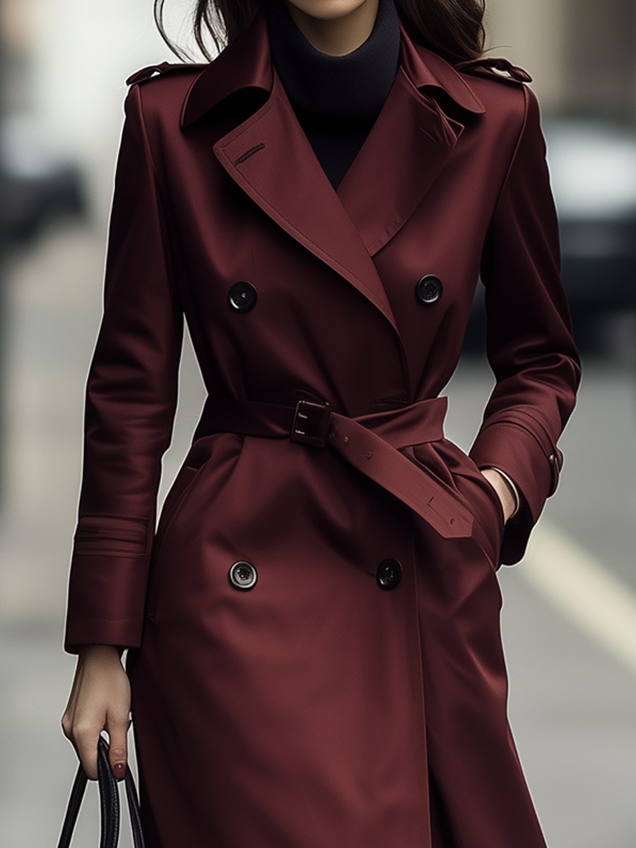 Classic Double-Breasted Belted Trench Coat in Burgundy