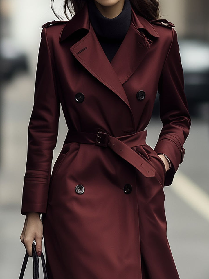 Classic Double-Breasted Belted Trench Coat in Burgundy