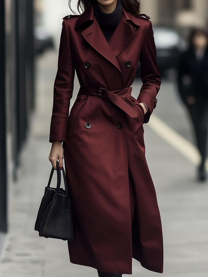 Classic Double-Breasted Belted Trench Coat in Burgundy