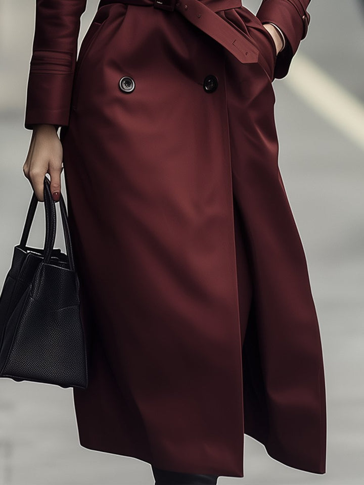 Classic Double-Breasted Belted Trench Coat in Burgundy
